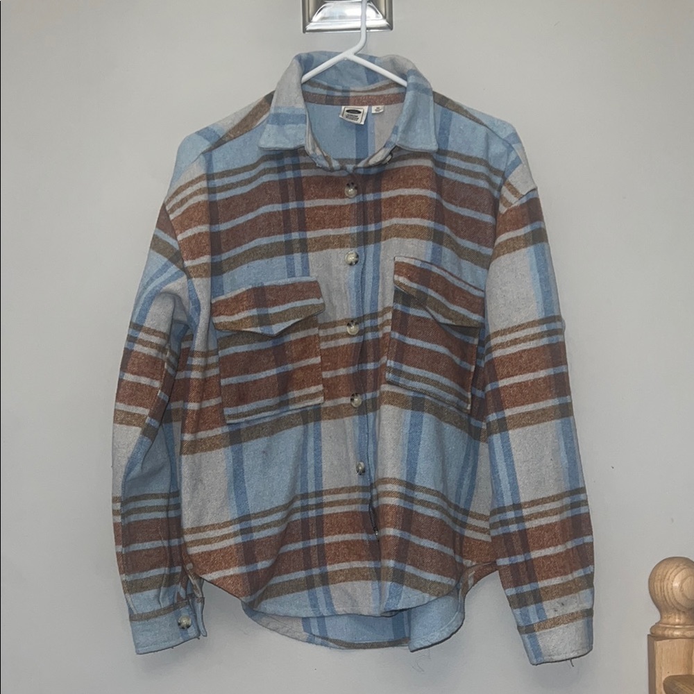 Blue and Brown Plaid Button-Up Shirt